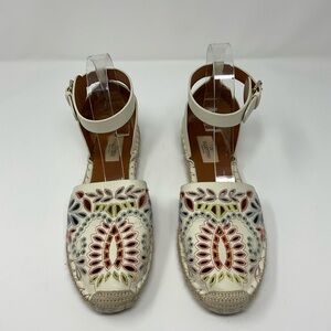 Valentino Cream Leather Floral Embroidered Ankle Strap Espadrille Flats